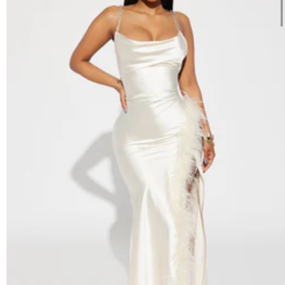 Elegant White Satin Evening Dress with feather slit